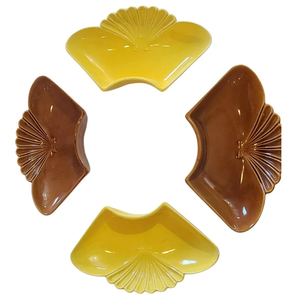 Vintage 4 California Pottery Lazy Susan Chip Dip Sections Yellow Brown USA L-71